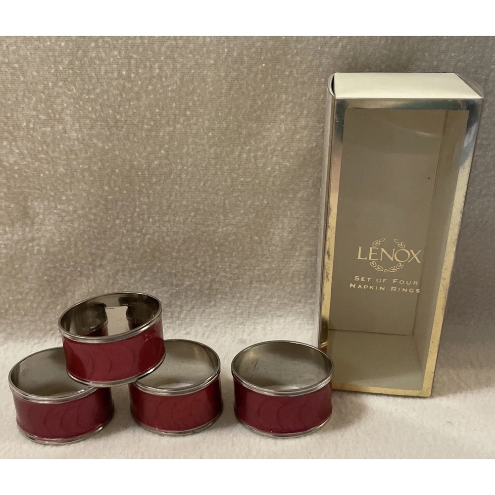Lenox Napkin Rings Laurel Leaf Set of 4 Cranberry and Silver Oval Shaped In Box